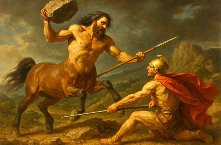 Bir kentaur, elinde dev bir kaya kaldırarak zırhlı bir Yunan savaşçıya saldırıyor; fırtınalı gökyüzü ve dağlık arka plan sahneye dramatik bir hava katıyor.